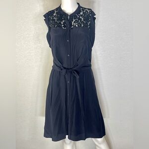 Rebecca Taylor Rich Navy Blue Lace Detail Silk Dress